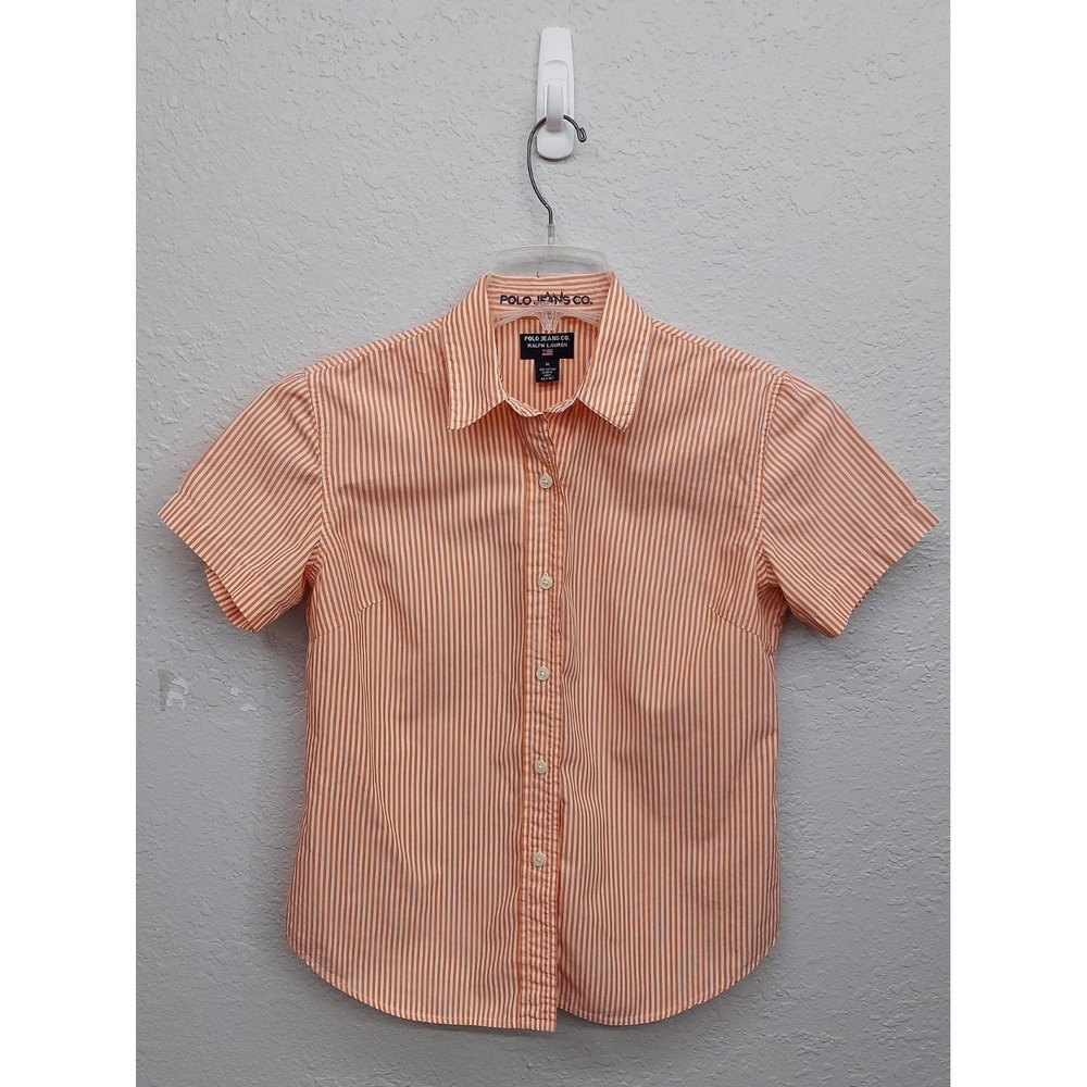 Polo Ralph Lauren Shirt Womens Medium Orange Pinstriped Short Sleeve Button Up